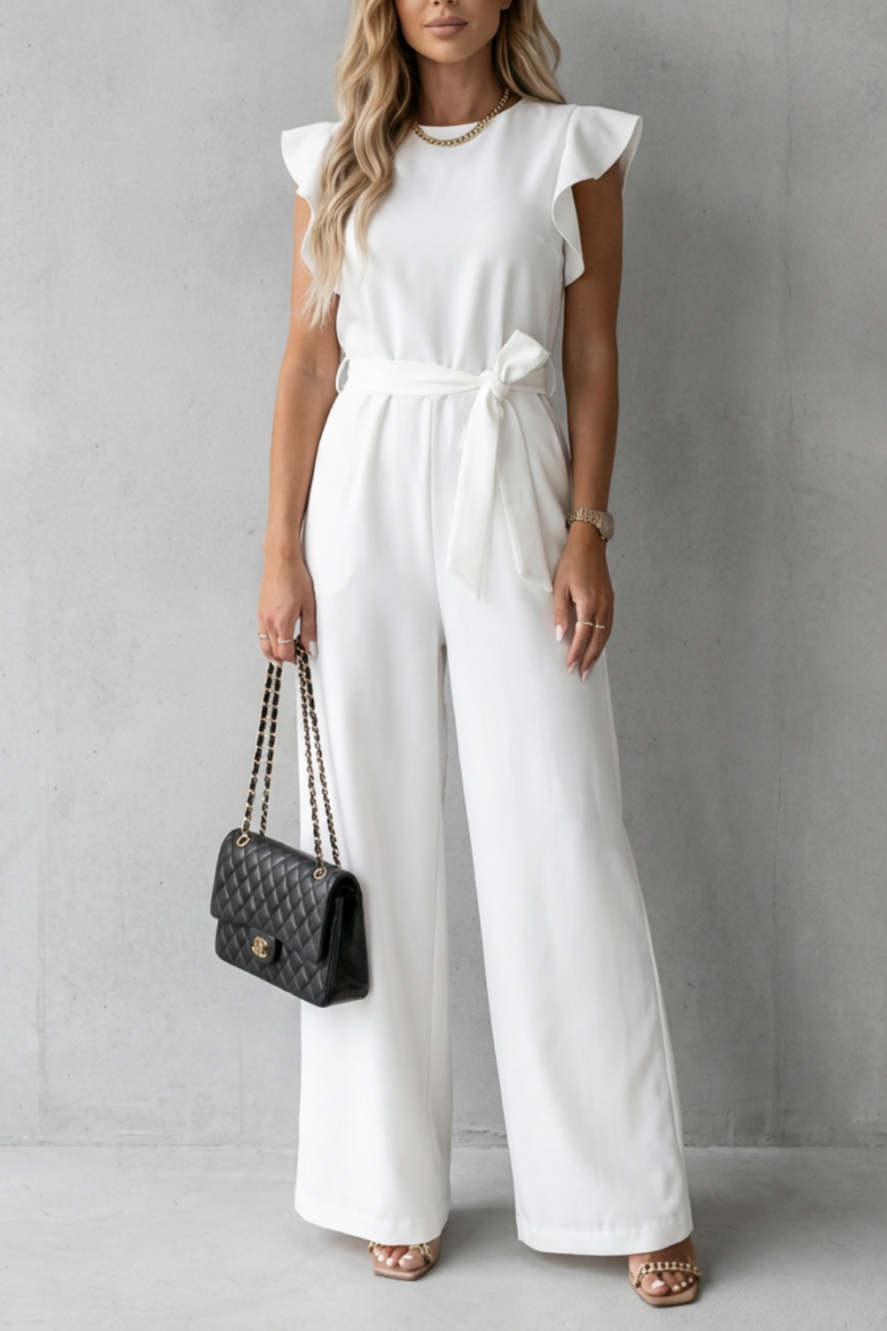 Virelle | Ruffle Sleeve Belted Wide-Leg Jumpsuit