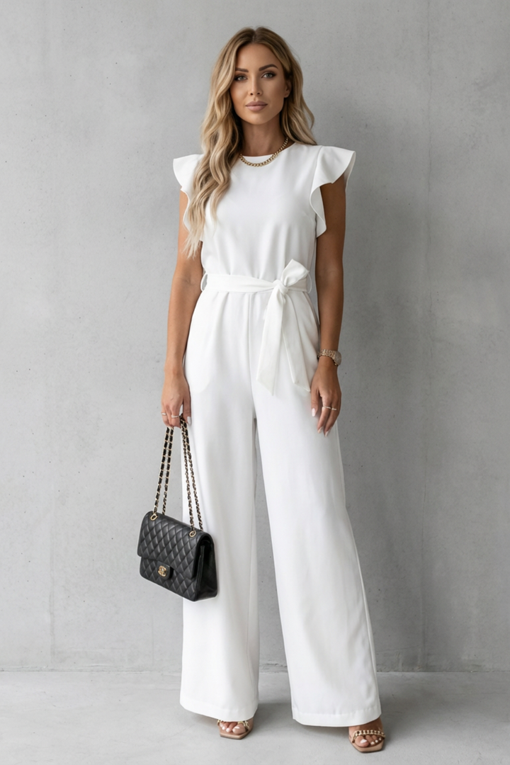 Virelle | Ruffle Sleeve Belted Wide-Leg Jumpsuit