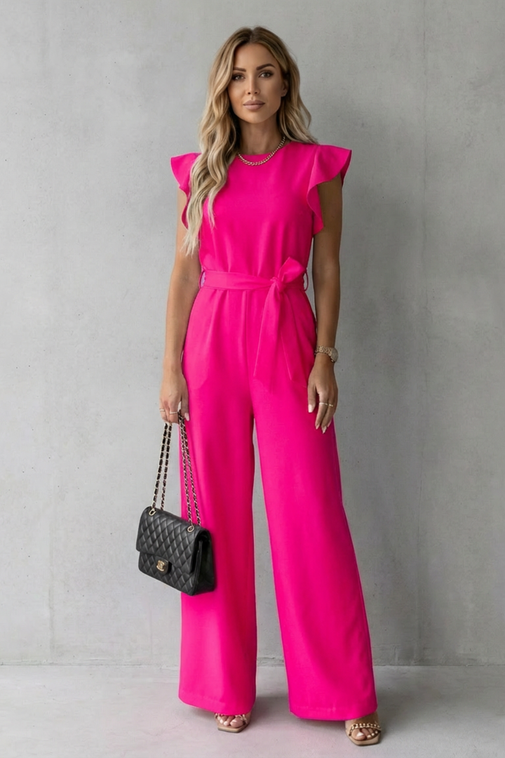 Virelle | Ruffle Sleeve Belted Wide-Leg Jumpsuit