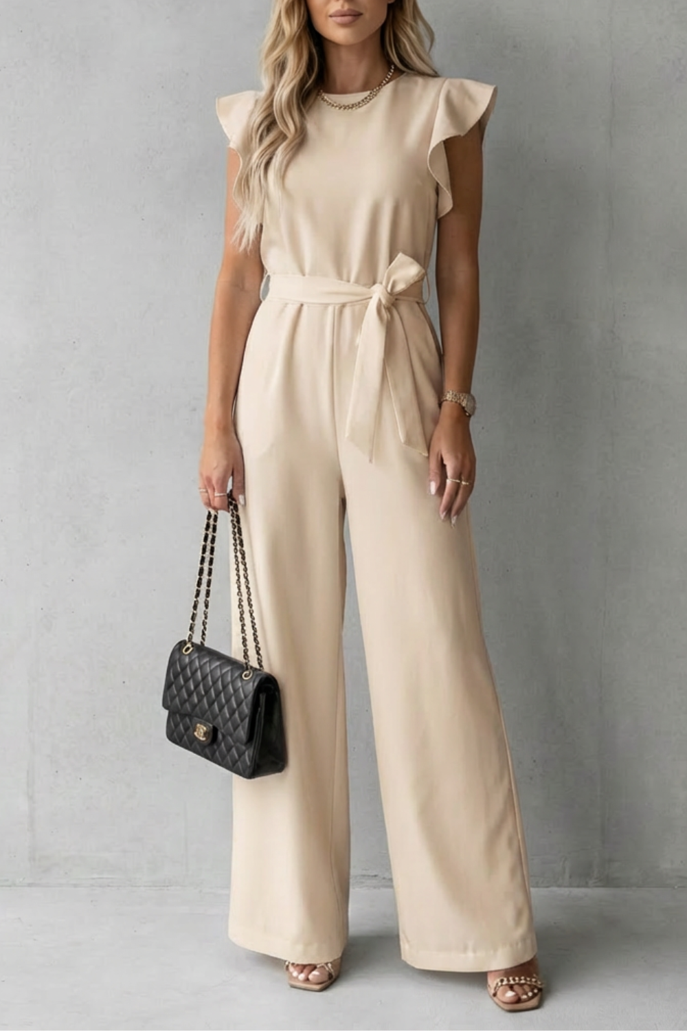 Virelle | Ruffle Sleeve Belted Wide-Leg Jumpsuit