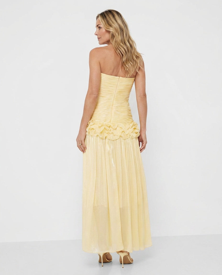 Edith | Strapless Pleated Ruffle Metallic Maxi Dress