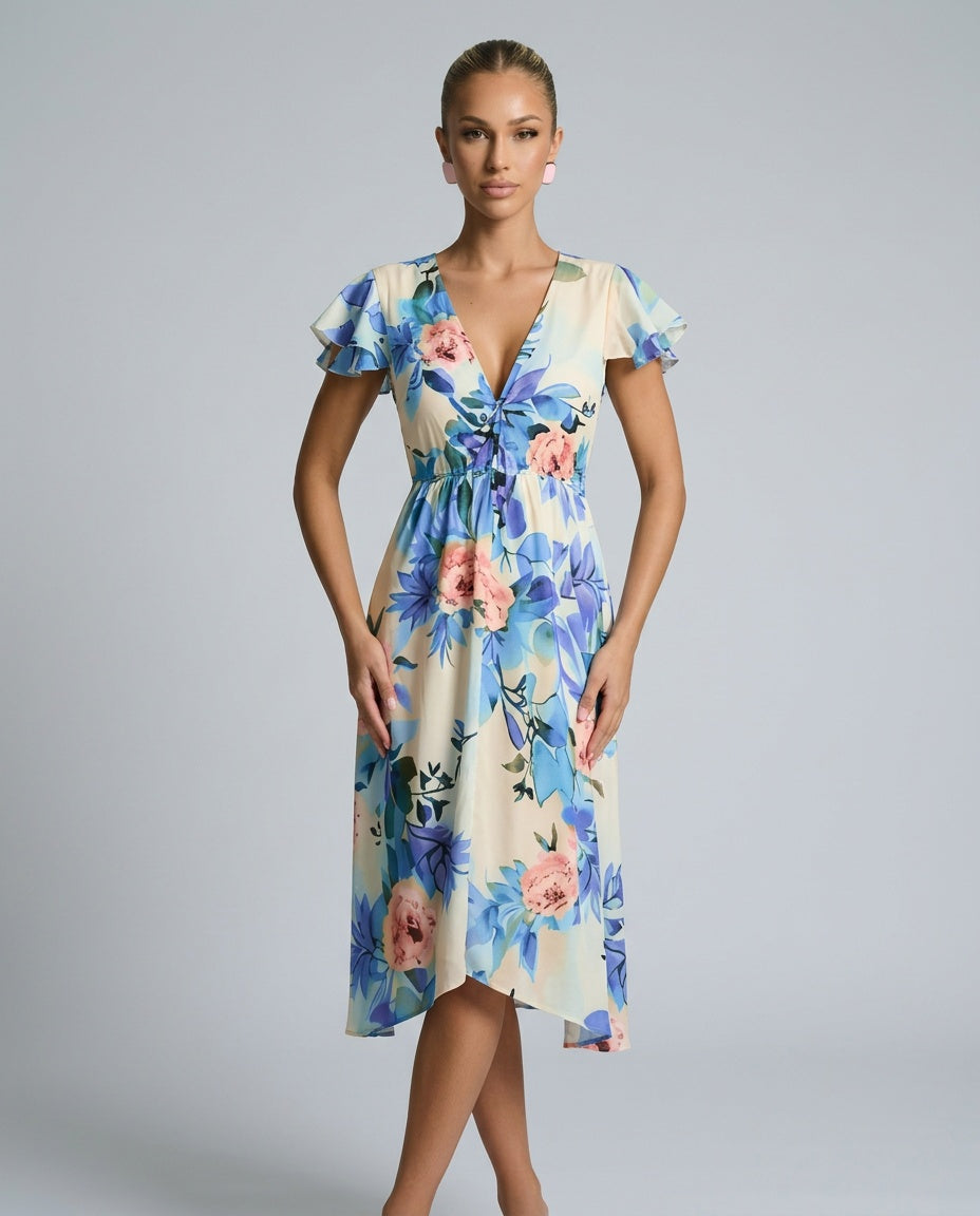 Blossom | Floral Midi with Lace-Up Deep V Neck