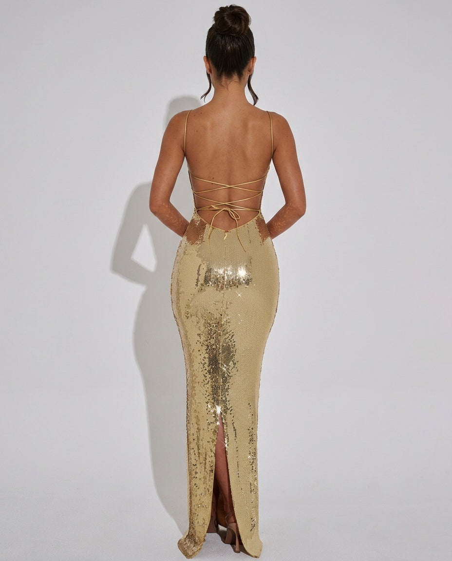 Lila | Sequin Lace-Up Backless Slip Maxi Dress