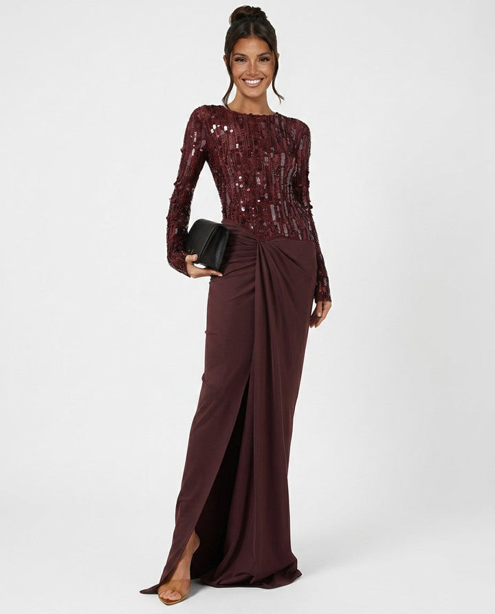 Auriel | Long Sleeve Sequin Pleated Maxi Dress