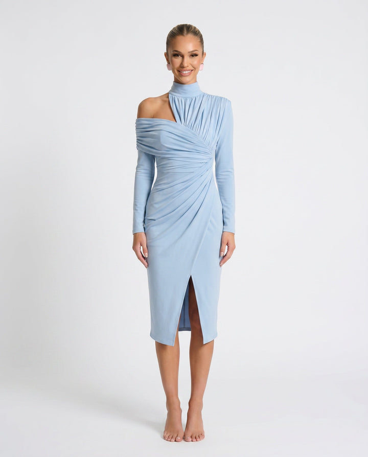 Priya | Asymmetric Neck Open Back Midi Dress