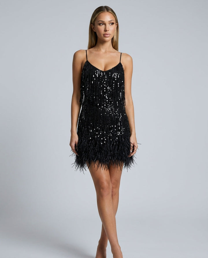 Roxie | Mini Sequin Dress with Feather Tassels