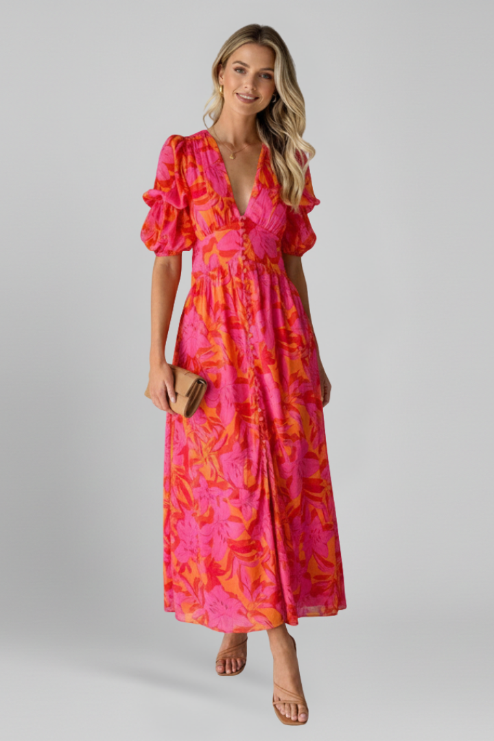 Quinn | V-Neck Puff Sleeve Midi Dress