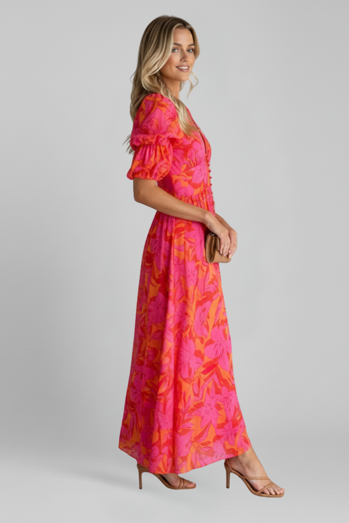Quinn | V-Neck Puff Sleeve Midi Dress