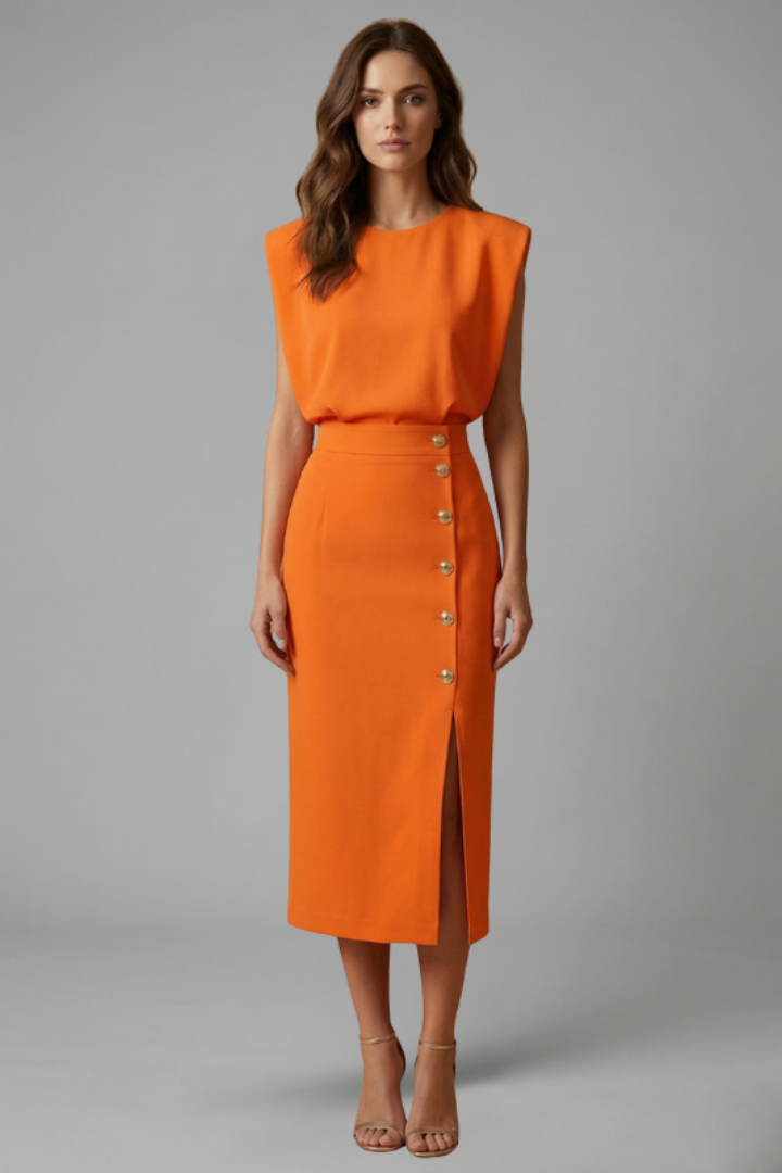 Esme | Round Neck Button Slit Midi Dress