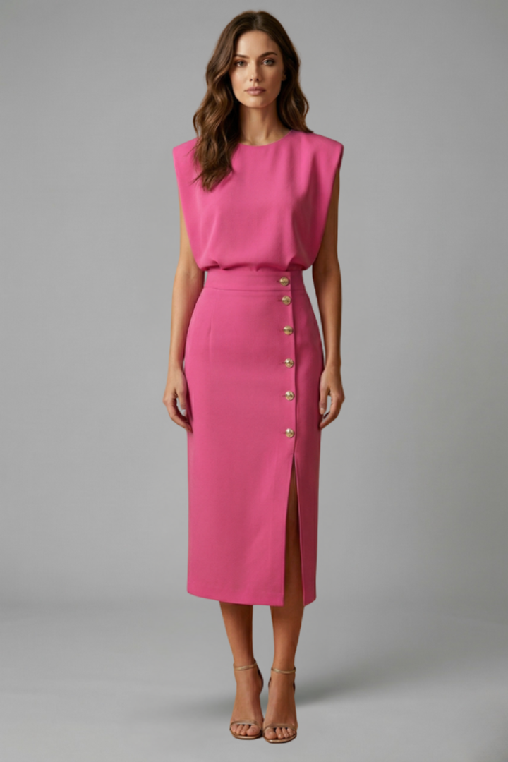 Esme | Round Neck Button Slit Midi Dress