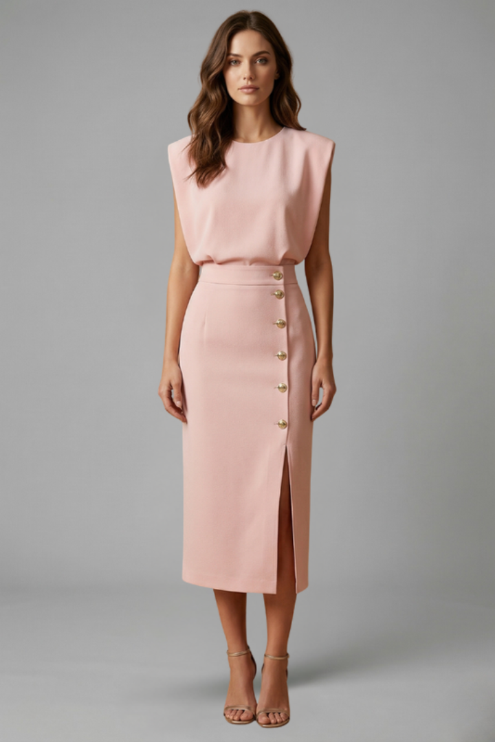 Esme | Round Neck Button Slit Midi Dress