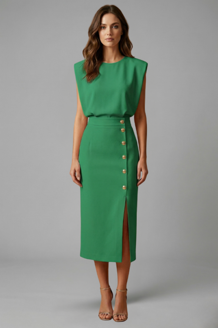 Esme | Round Neck Button Slit Midi Dress
