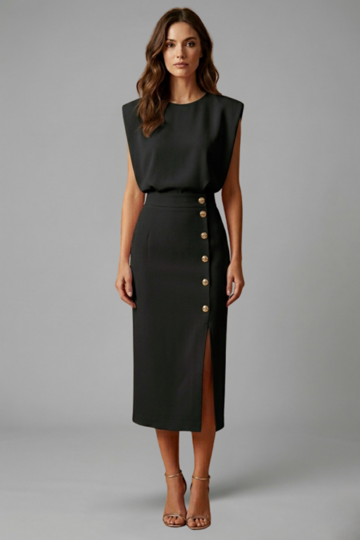 Esme | Round Neck Button Slit Midi Dress