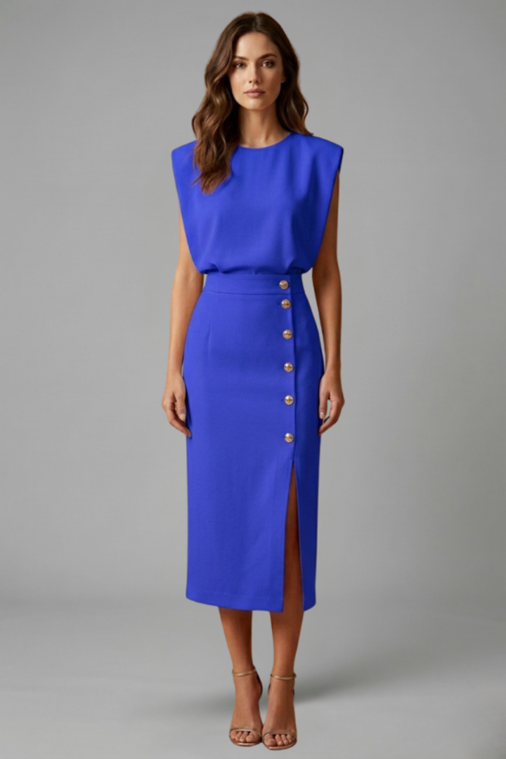 Esme | Round Neck Button Slit Midi Dress