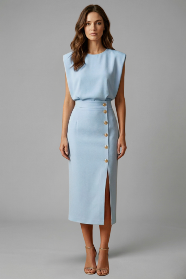 Esme | Round Neck Button Slit Midi Dress