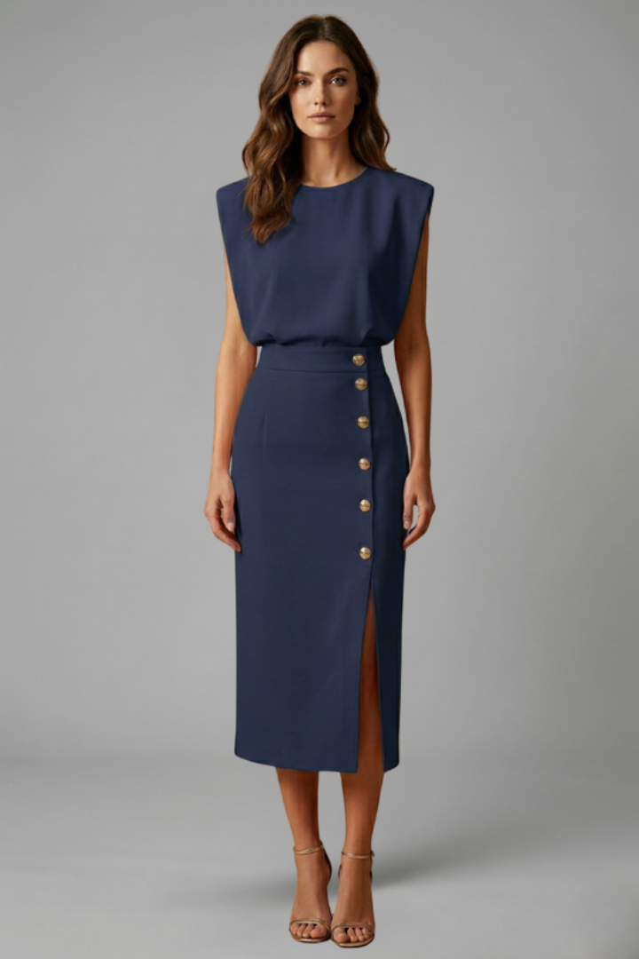 Esme | Round Neck Button Slit Midi Dress
