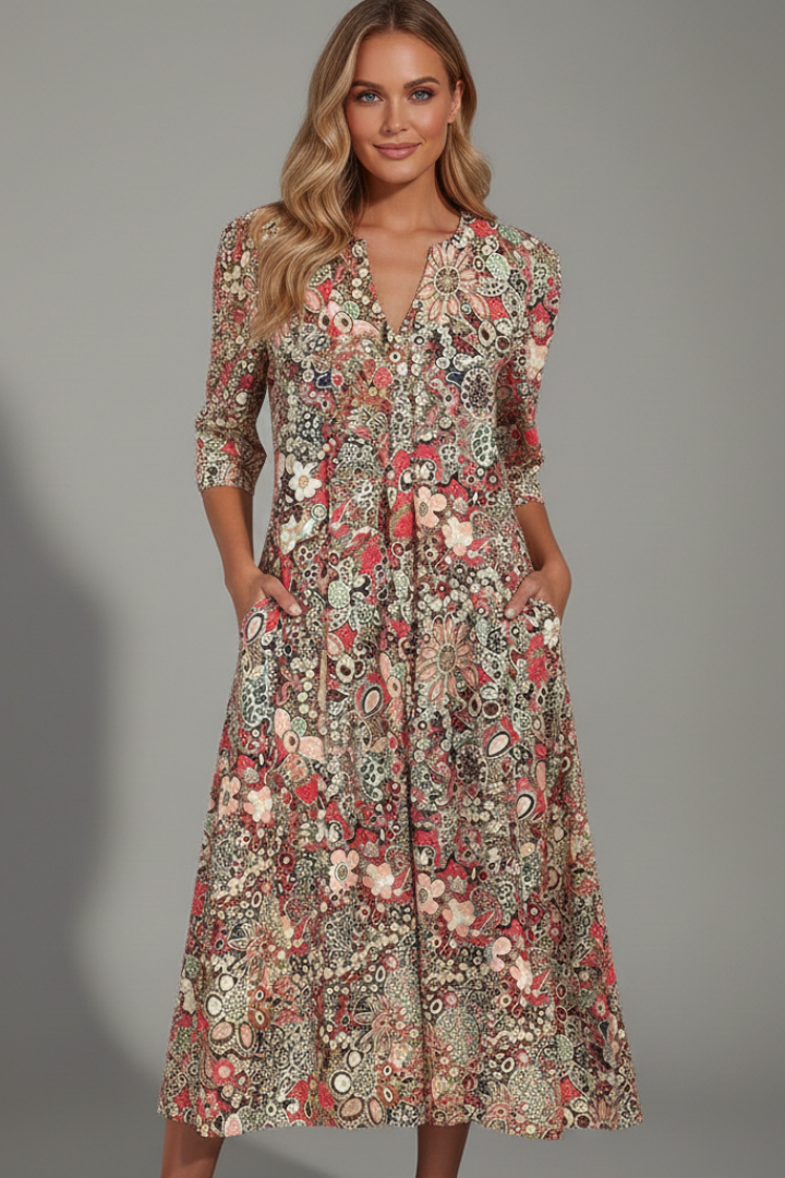 Naia | V-Neck Three-Quarter Sleeve Midi Dress