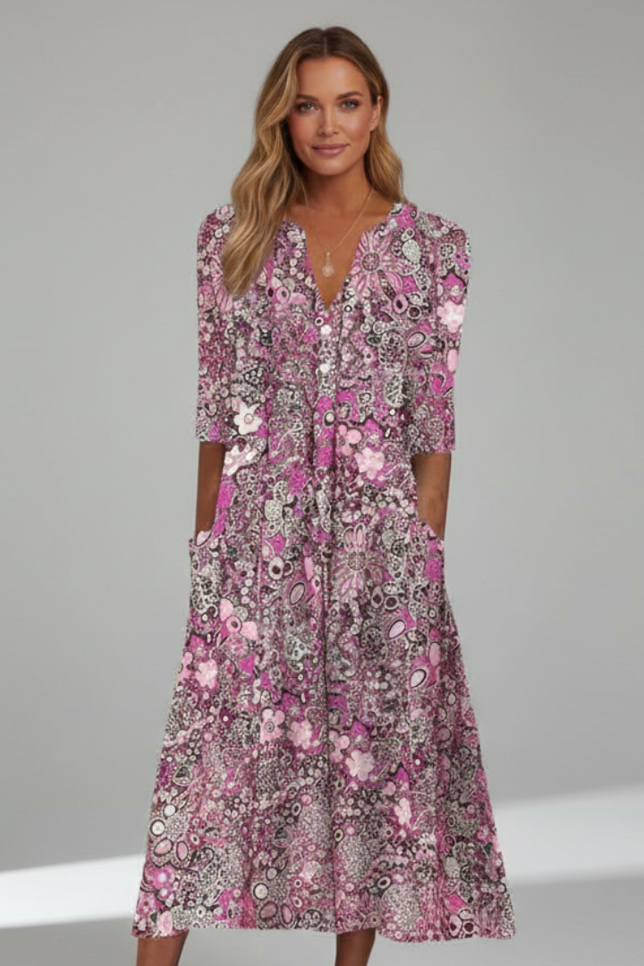 Naia | V-Neck Three-Quarter Sleeve Midi Dress