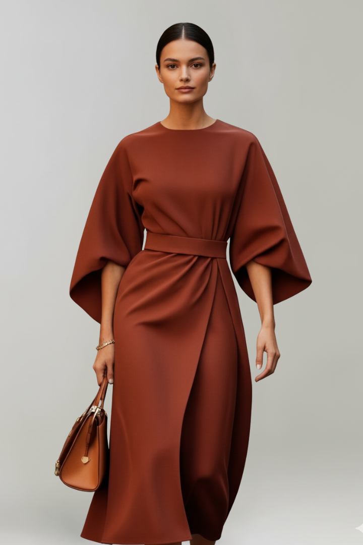 Delphine | Belted Wide-Sleeve Midi Dress