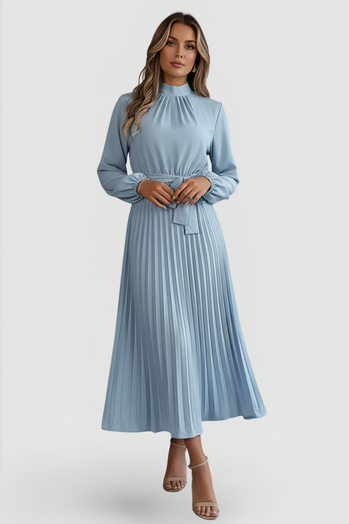 Willa | Pleated Long Sleeve Maxi Dress with Waist Tie