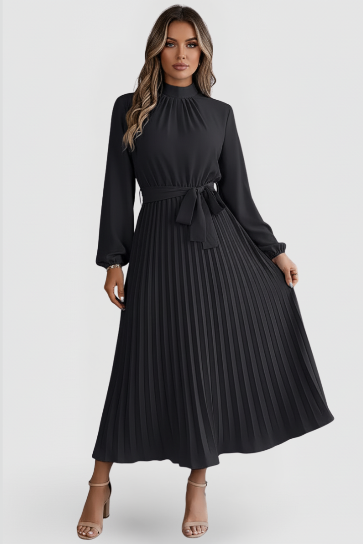 Willa | Pleated Long Sleeve Maxi Dress with Waist Tie
