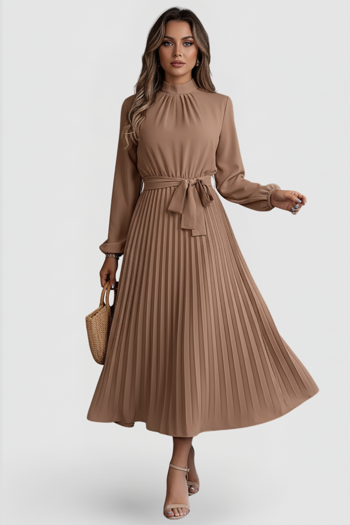 Willa | Pleated Long Sleeve Maxi Dress with Waist Tie