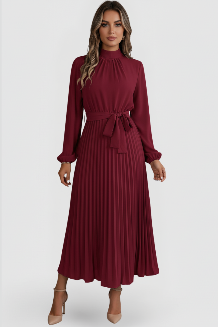 Willa | Pleated Long Sleeve Maxi Dress with Waist Tie