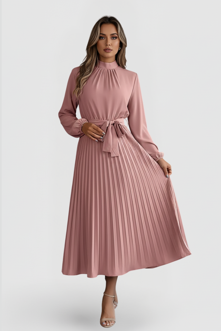 Willa | Pleated Long Sleeve Maxi Dress with Waist Tie