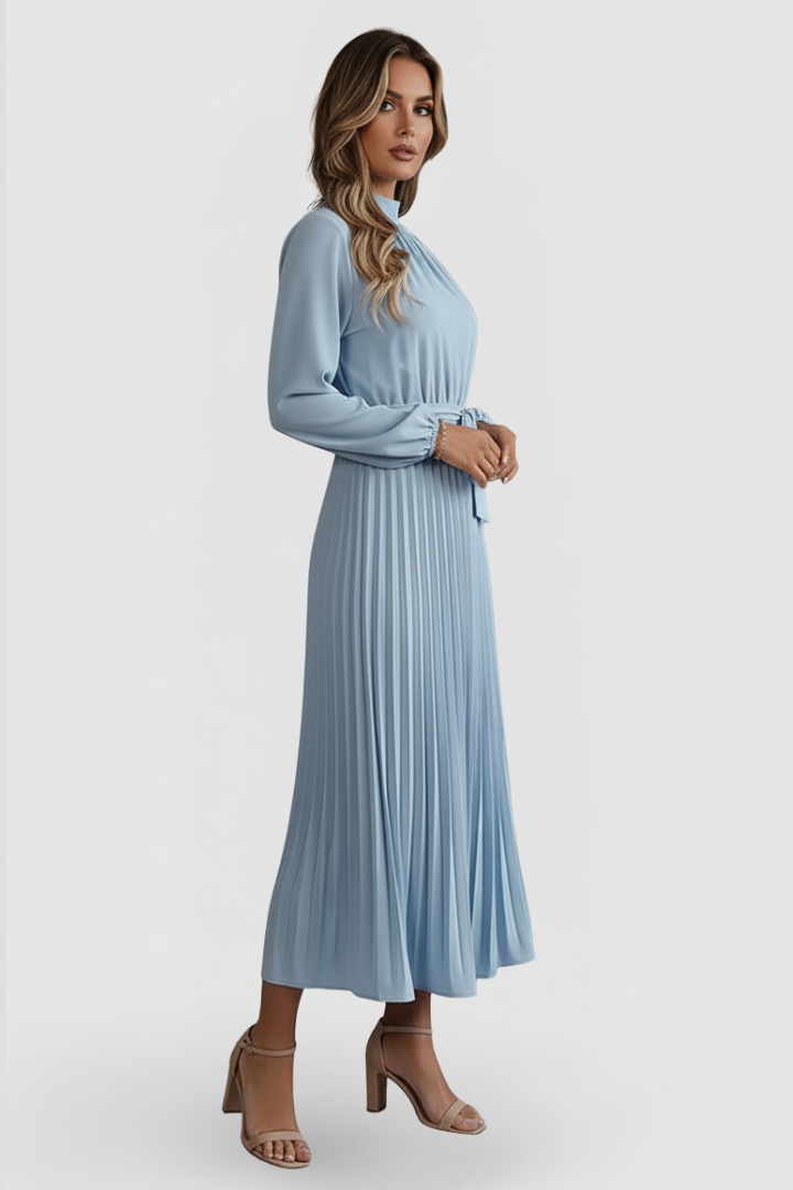 Willa | Pleated Long Sleeve Maxi Dress with Waist Tie