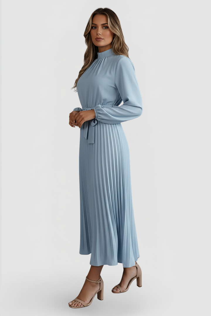 Willa | Pleated Long Sleeve Maxi Dress with Waist Tie