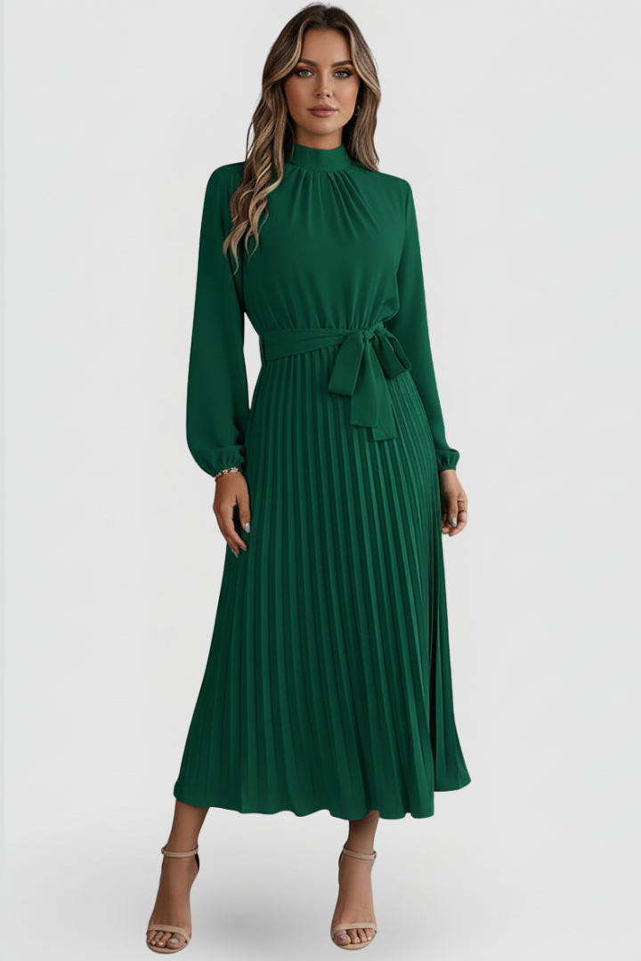 Willa | Pleated Long Sleeve Maxi Dress with Waist Tie