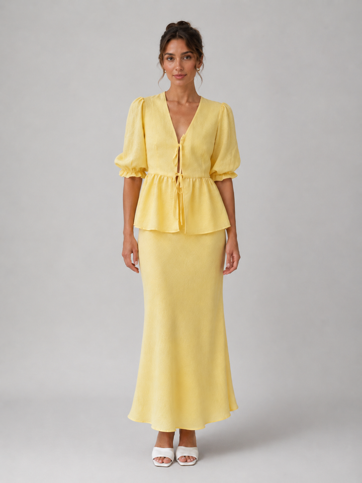 Una | V-Neck Puff Sleeve Cotton Maxi Set