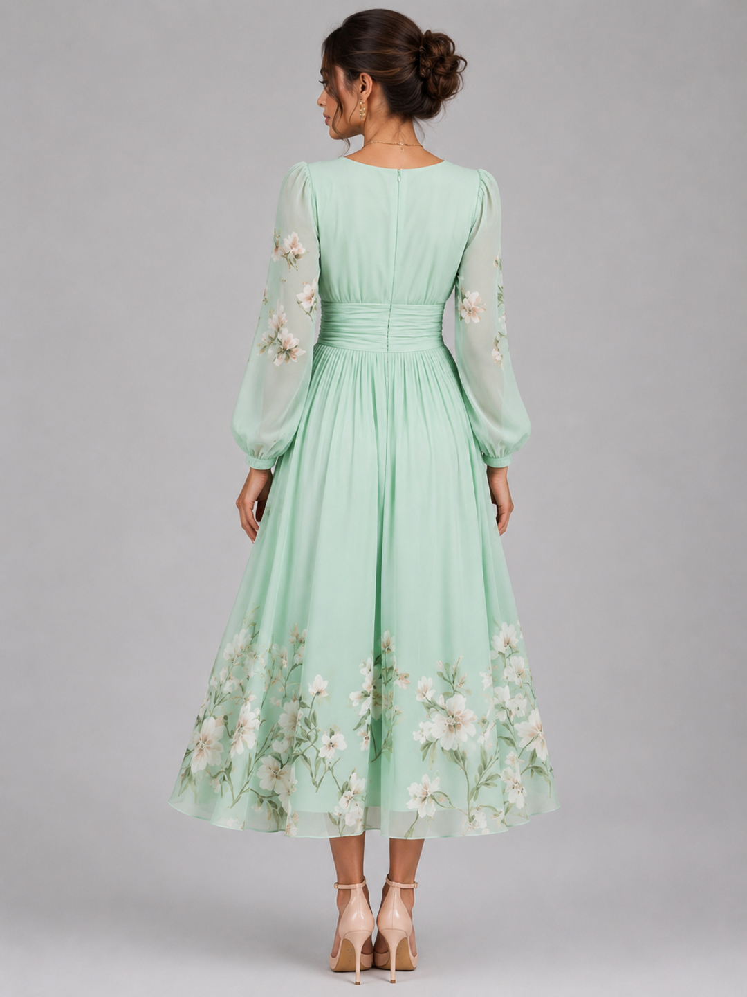 Cleona | Floral Chiffon V-Neck Midi Dress