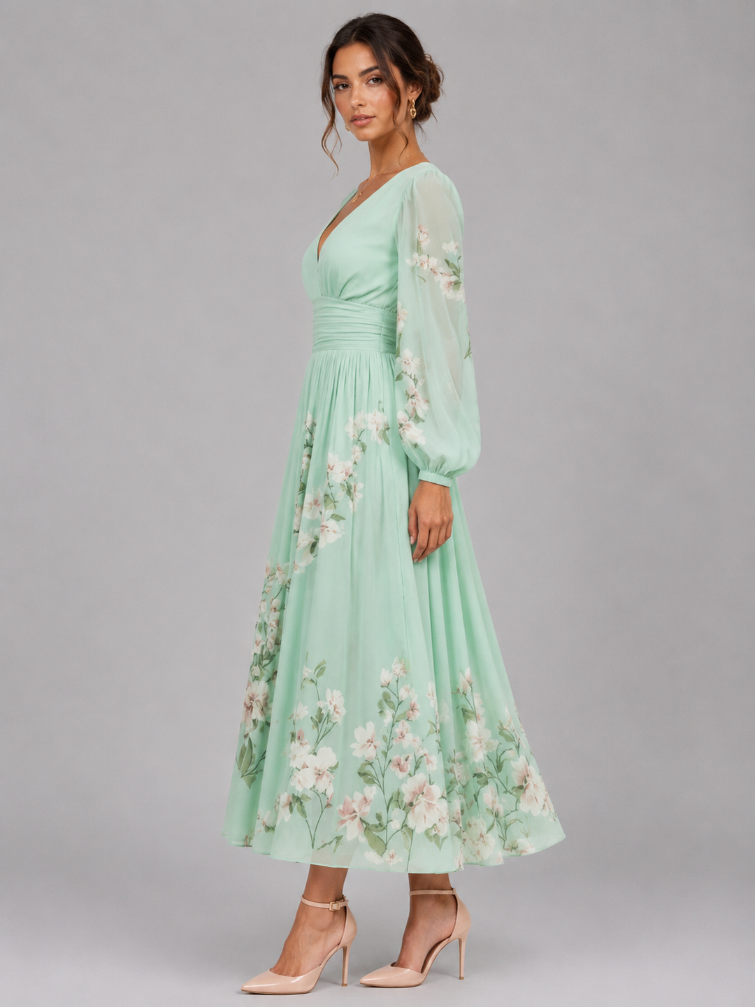 Cleona | Floral Chiffon V-Neck Midi Dress