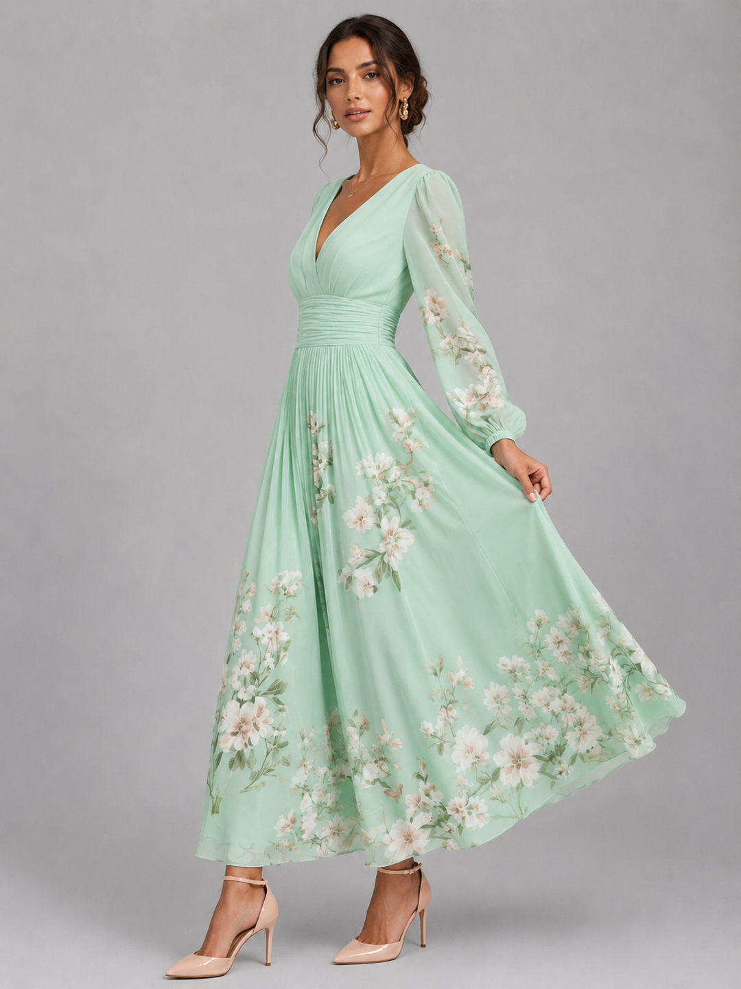 Cleona | Floral Chiffon V-Neck Midi Dress