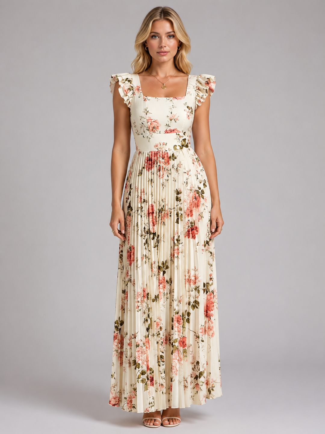 Greta | Floral Ruffle Sleeve Pleated Maxi Dress