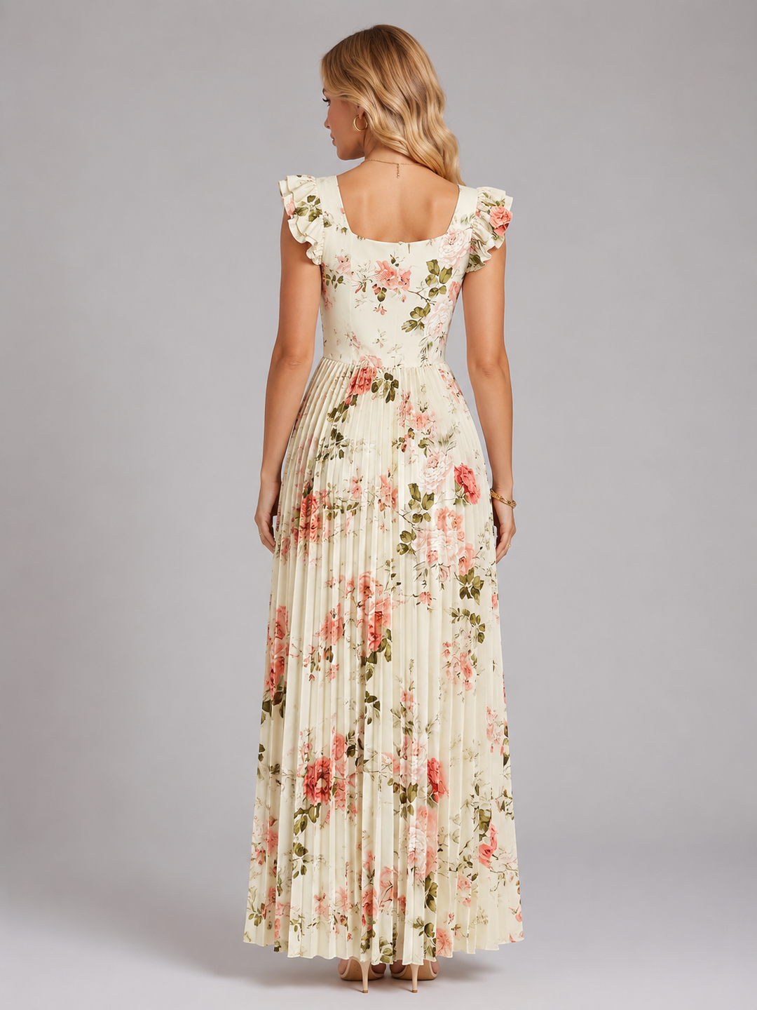 Greta | Floral Ruffle Sleeve Pleated Maxi Dress
