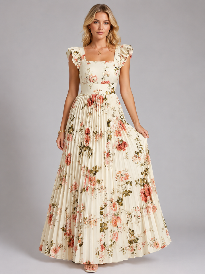 Greta | Floral Ruffle Sleeve Pleated Maxi Dress
