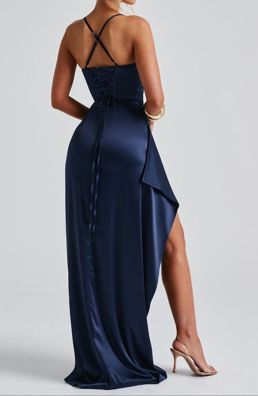 Navara | Spaghetti Strap High Slit Ruched Waist Maxi Dress