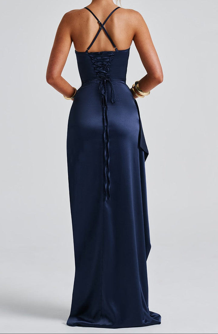 Navara | Spaghetti Strap High Slit Ruched Waist Maxi Dress