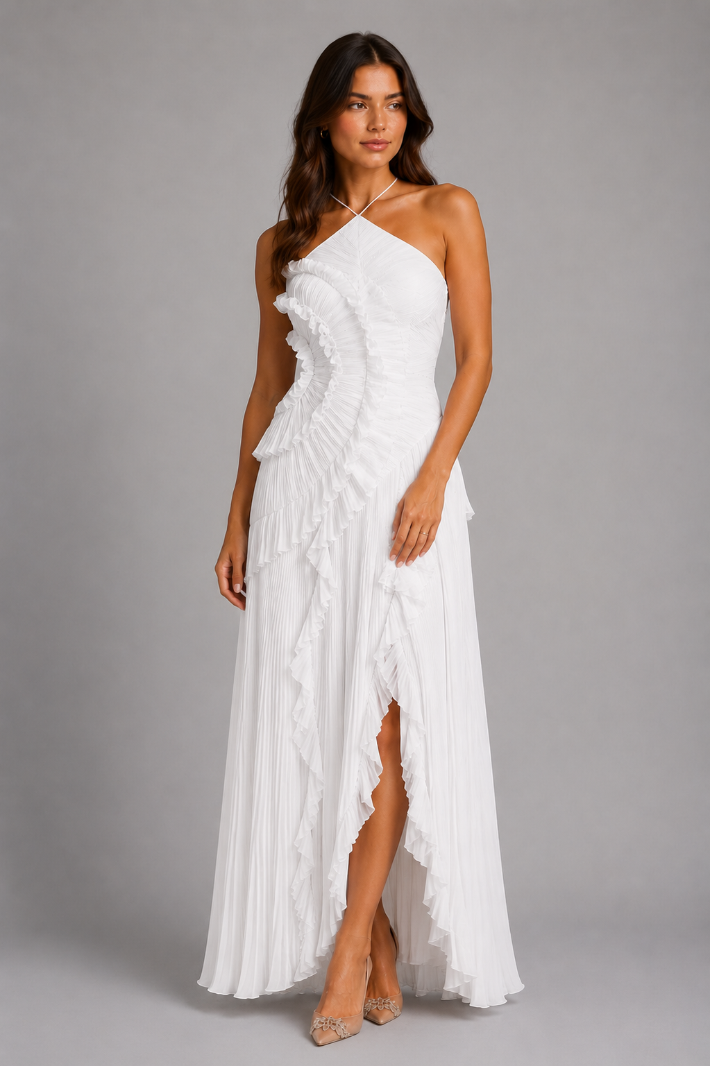 Tessa | Pleated Ruffle Halter Maxi Dress