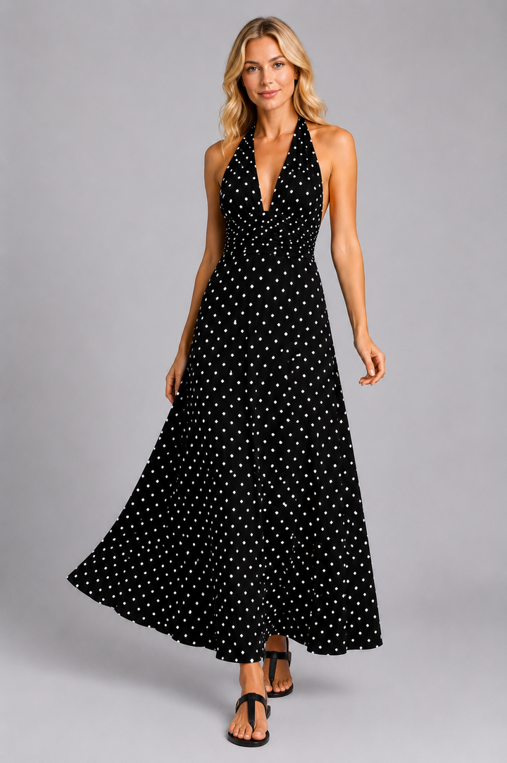 Sabine | Polka Dot Halter Maxi Dress