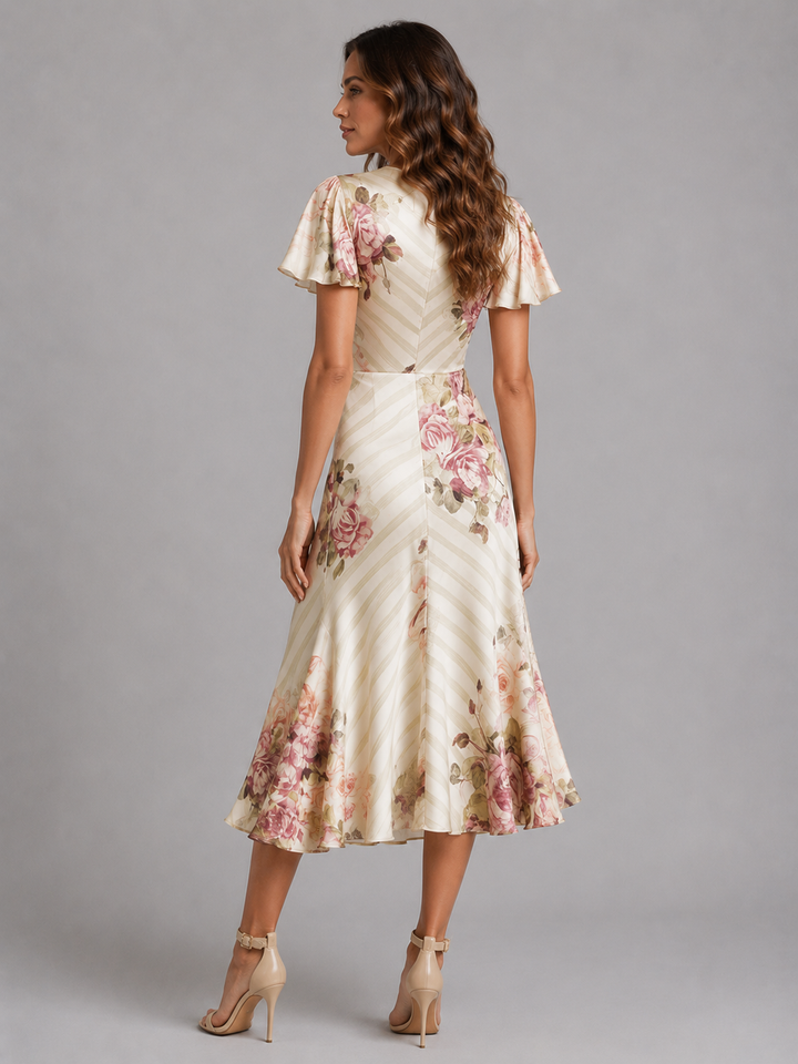 Edda | Ruched Waist Floral Satin Feel Midi Dress