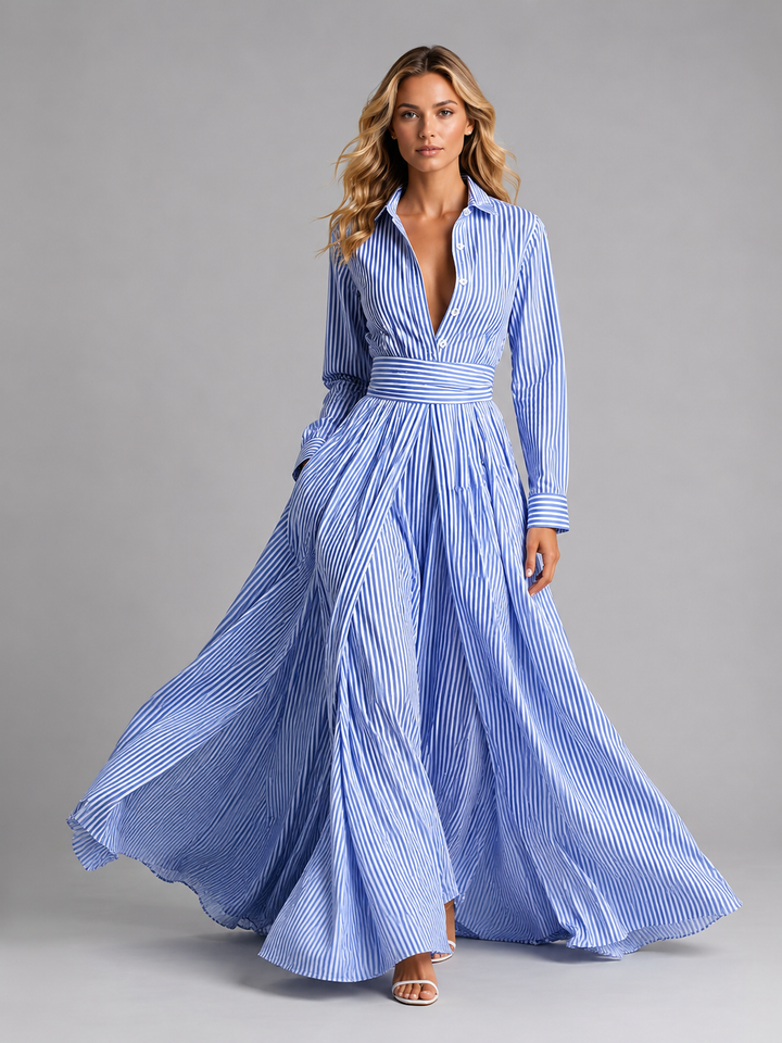 Edith | Cinched Waist Striped Shirt Maxi Dress
