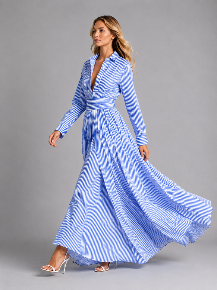 Edith | Cinched Waist Striped Shirt Maxi Dress