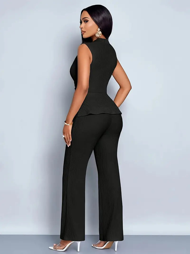 Clovaine | V-Neck Peplum Top &amp; Wide Leg Trousers Set