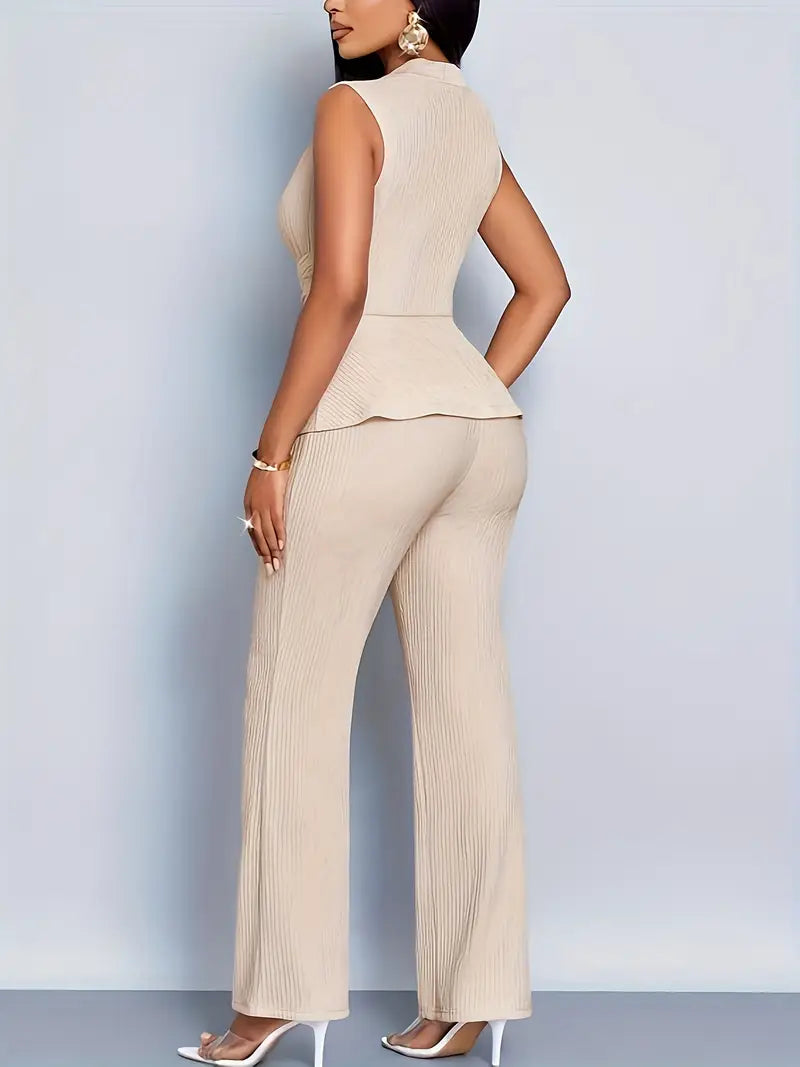 Clovaine | V-Neck Peplum Top &amp; Wide Leg Trousers Set
