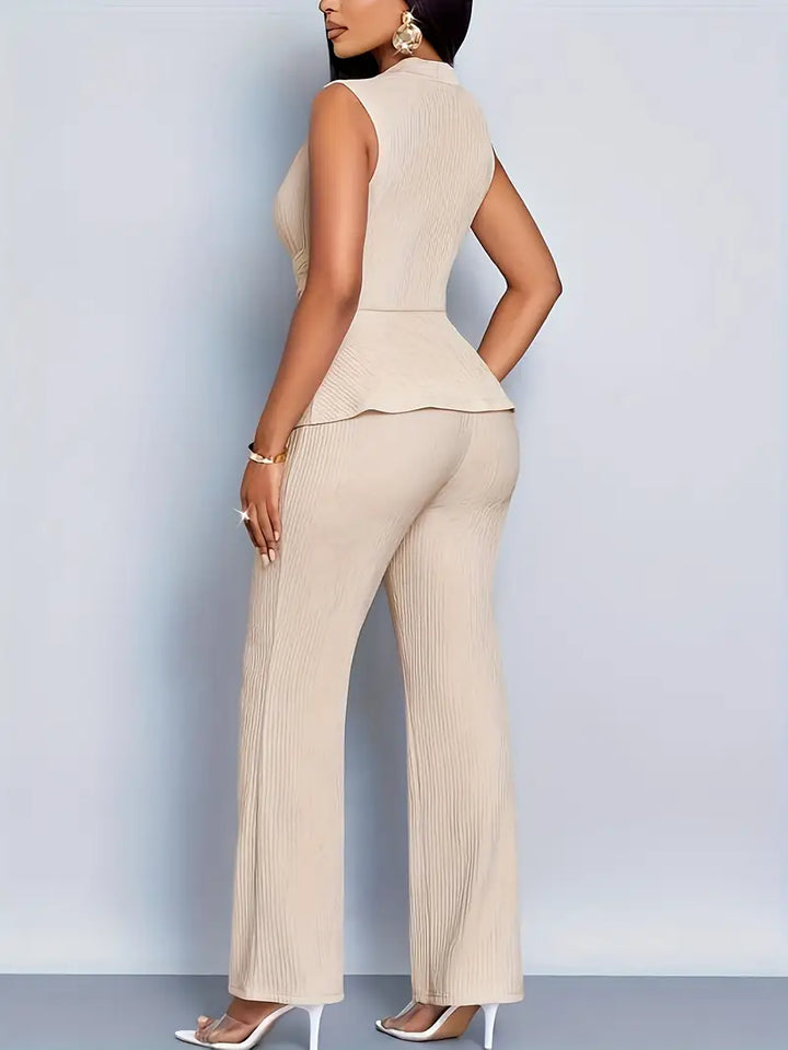 Clovaine | V-Neck Peplum Top &amp; Wide Leg Trousers Set