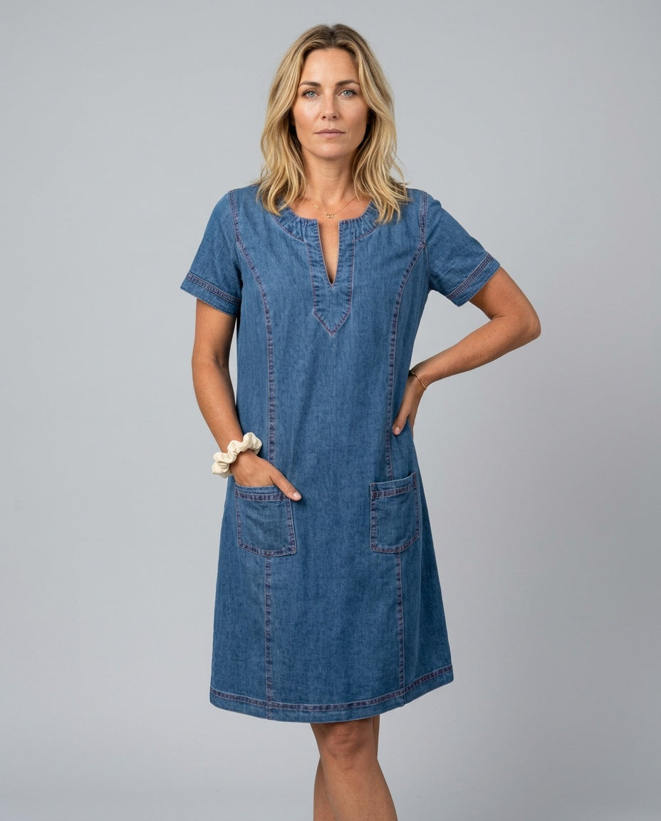 Cora | Notch-Neck Short Sleeve Midi Dress with Patch Pockets