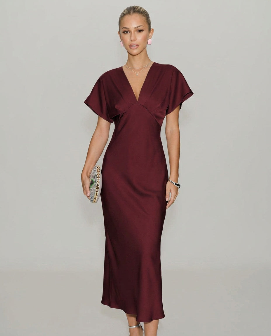 Cleo | Wine Red Satin Cowl Neck Midi Dress